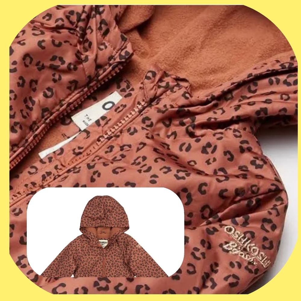 OSH KOSH:Dorinda Midweight Anorak Raincoat, Water Resistant,Leopard Print,4T,EUC
